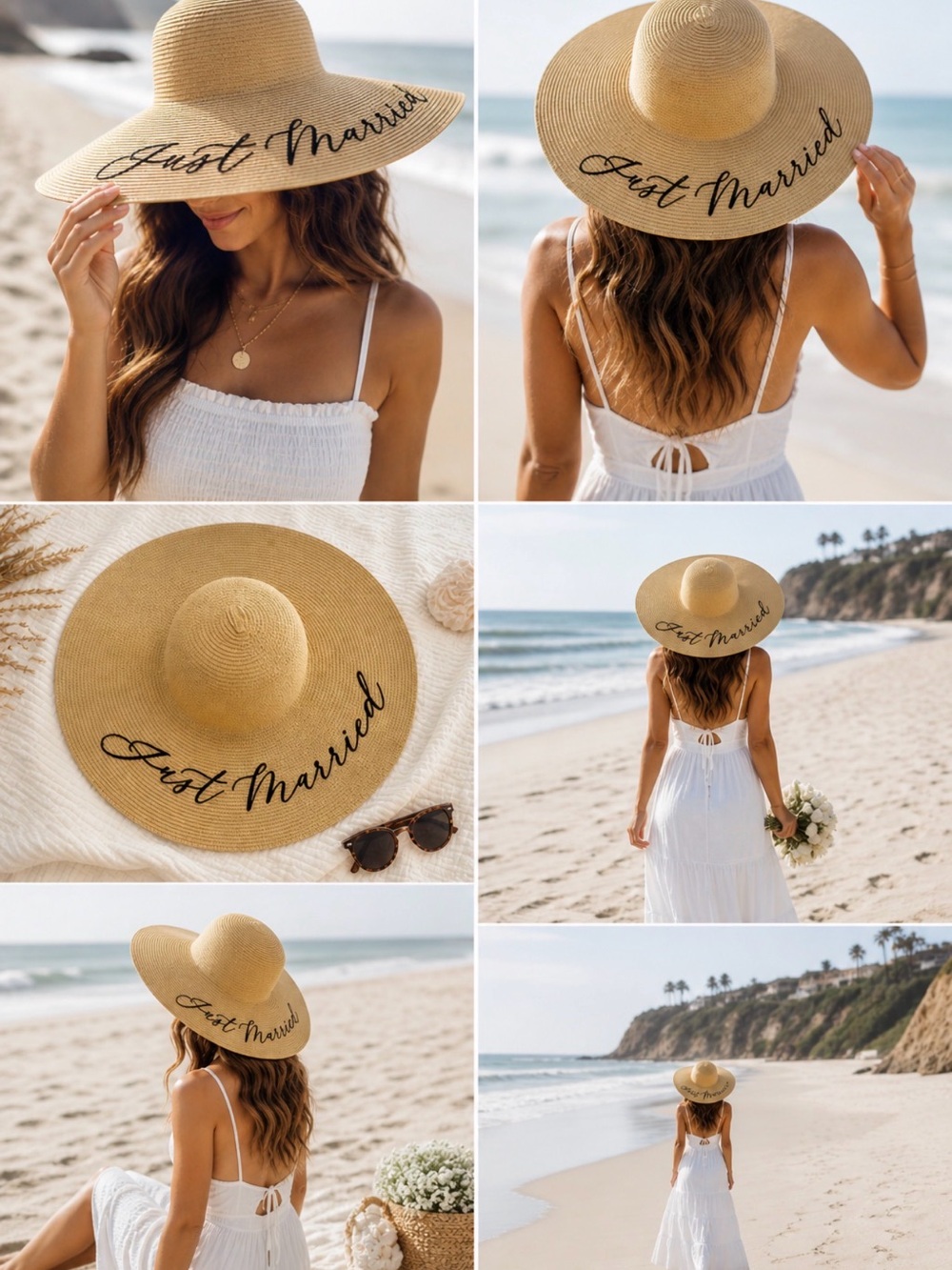 Straw Wide-Brim 'Just Married' Sun Hat - Natural Straw